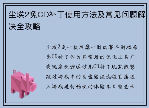 尘埃2免CD补丁使用方法及常见问题解决全攻略